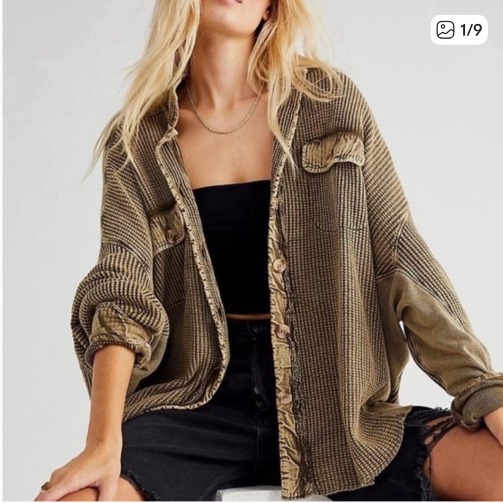 Free People FP One Scout Jacket Waffle Knit Cardigan in Army Green Slouchy-Small